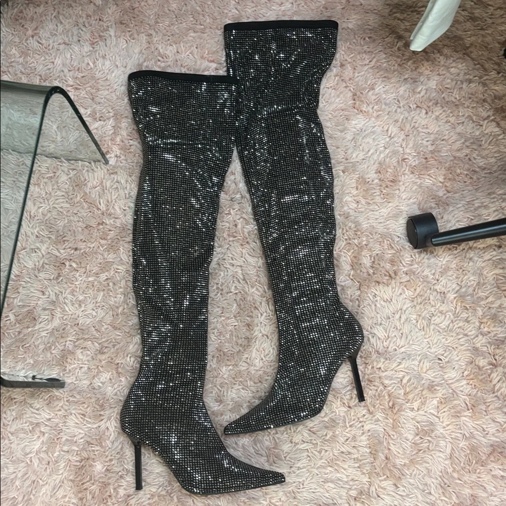 AQUA Black Rhinestone Over-the-Knee Thigh high Boots 8